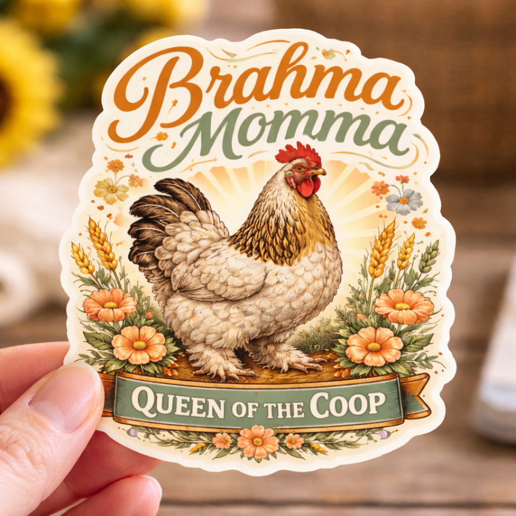 Brahma Momma Chicken Sticker – Queen of the Coop Hen Decal (3”)
