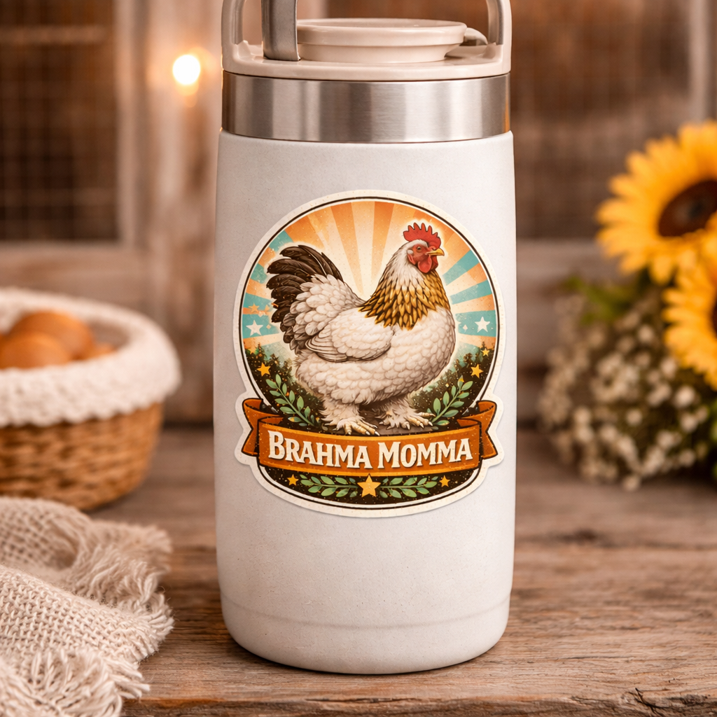 Brahma Momma Chicken Sticker – Vintage Sunburst Hen Decal (3”)