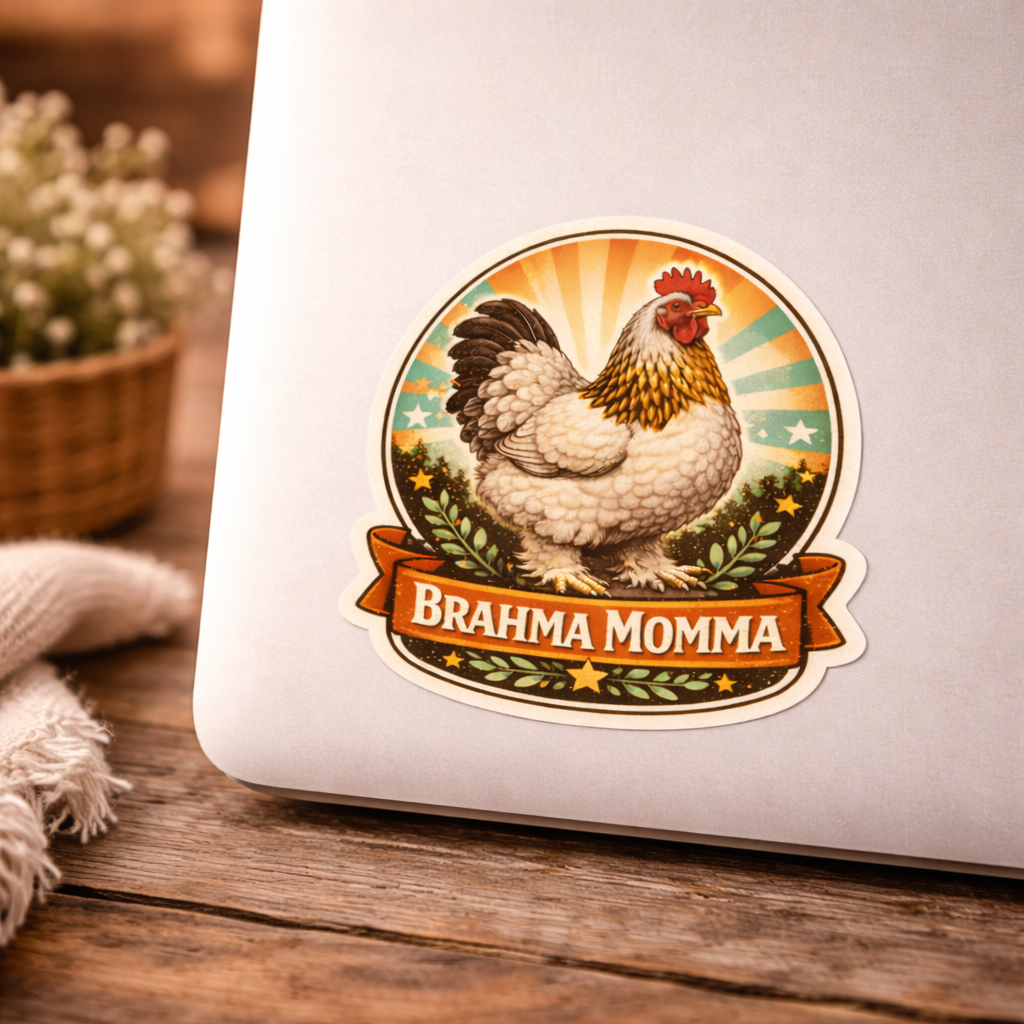 Brahma Momma Chicken Sticker – Vintage Sunburst Hen Decal (3”)
