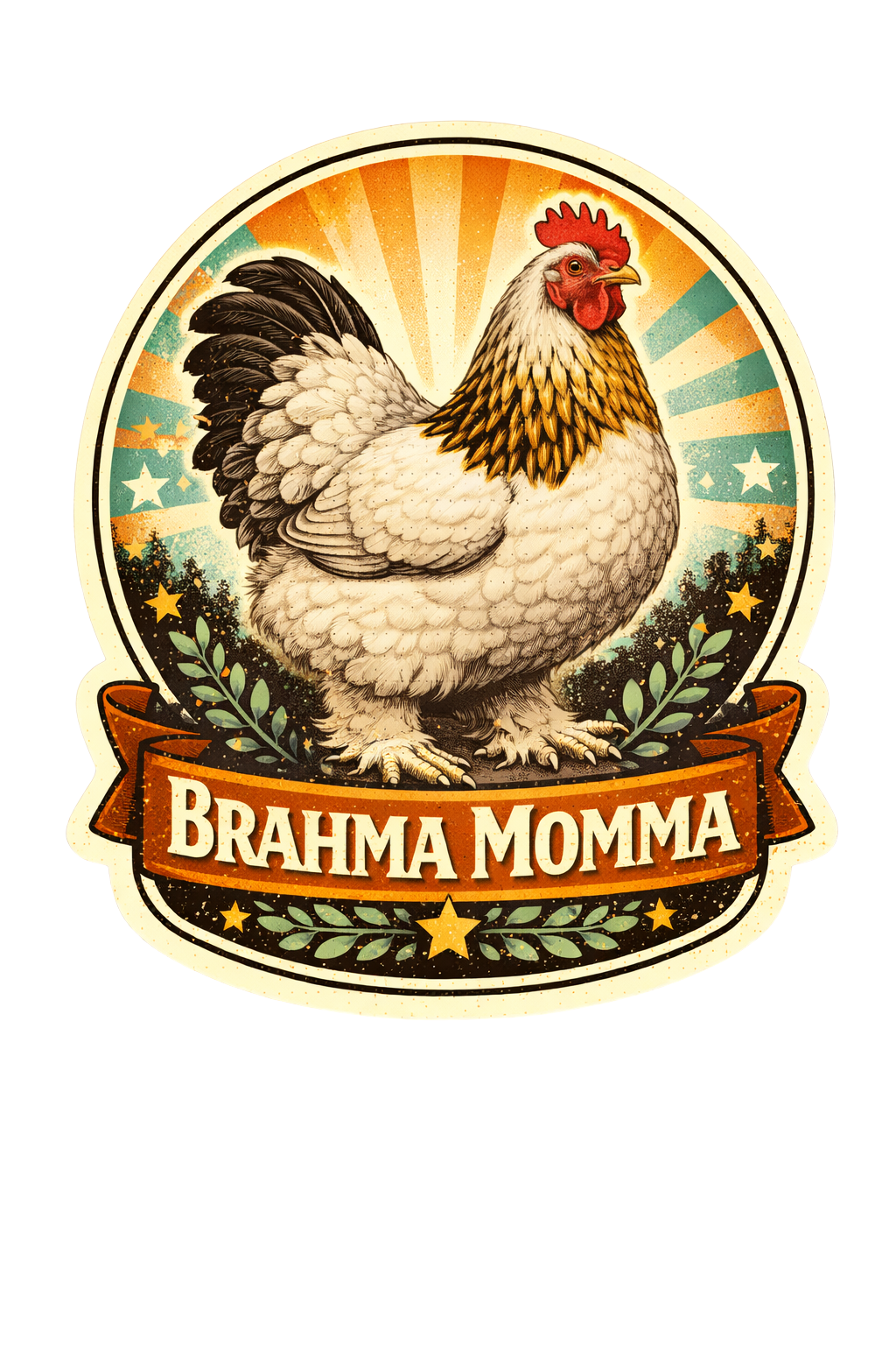 Brahma Momma Chicken Sticker – Vintage Sunburst Hen Decal (3”)