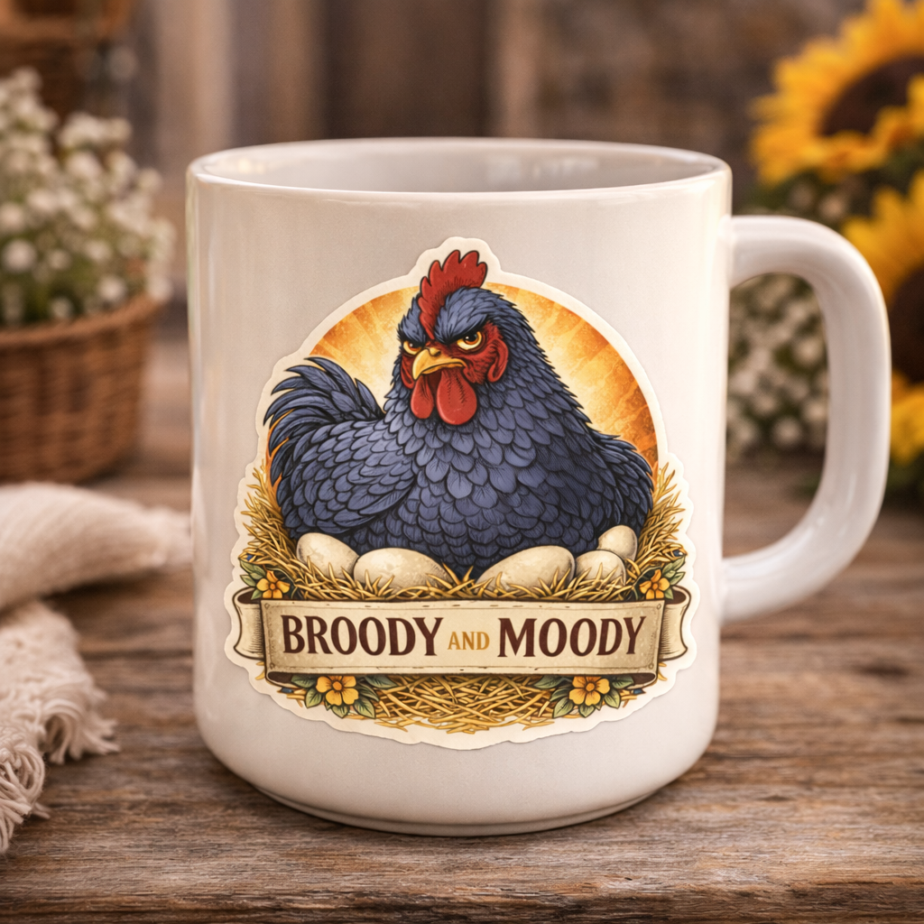 Broody and Moody Chicken Sticker – Funny Hen Decal (3”)