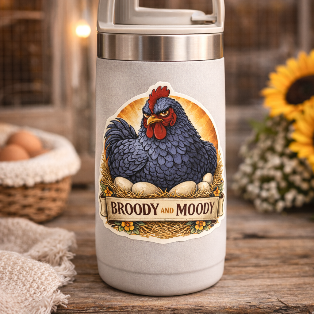 Broody and Moody Chicken Sticker – Funny Hen Decal (3”)