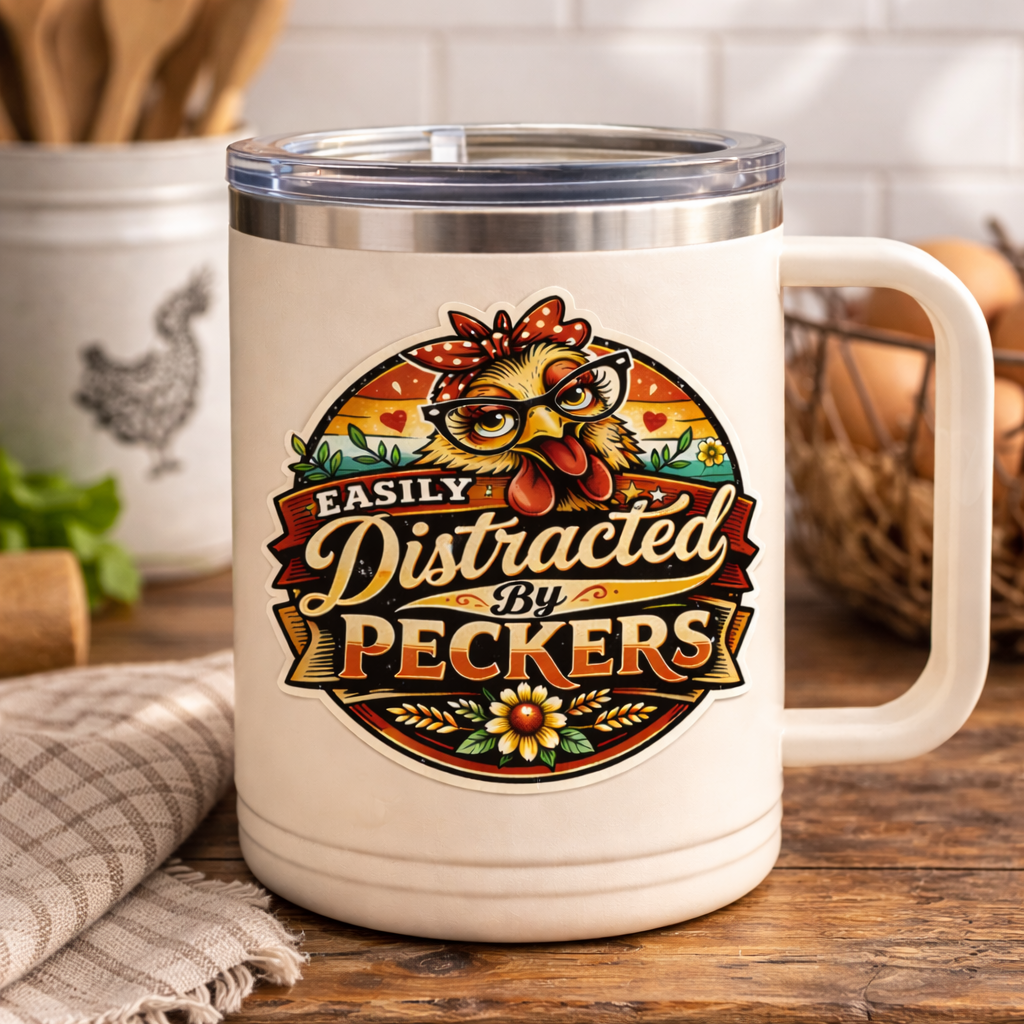 Easily Distracted by Peckers Chicken Sticker – Funny Hen Decal (3”)