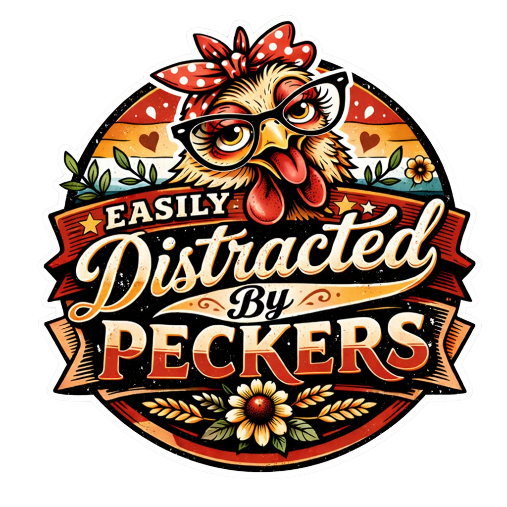 Easily Distracted by Peckers Chicken Sticker – Funny Hen Decal (3”)