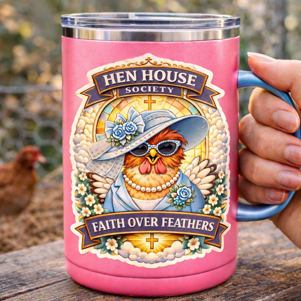 Faith Over Feathers Sticker – Christian Chicken Decal (3”)