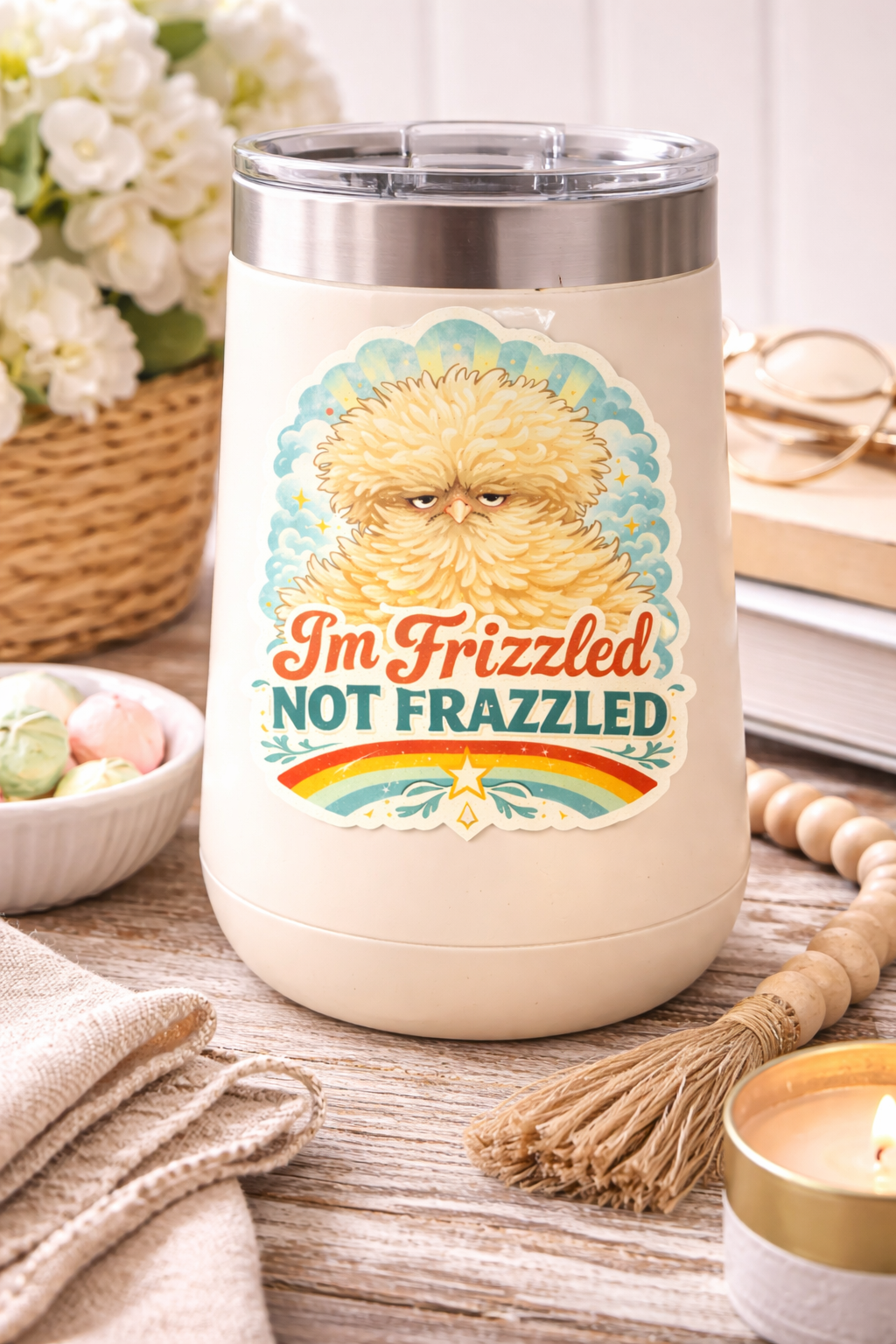 I’m Frizzled Not Frazzled Chicken Sticker – Cute Retro Hen Decal (3”)