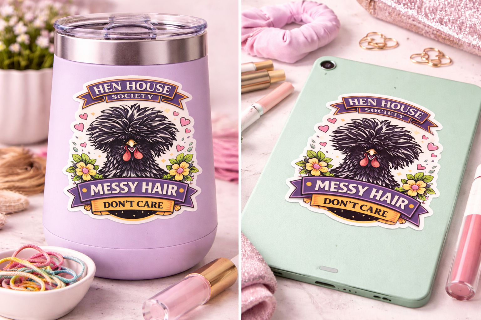 Messy Hair Don’t Care Chicken Sticker – Funny Farm Girl Decal (3”)