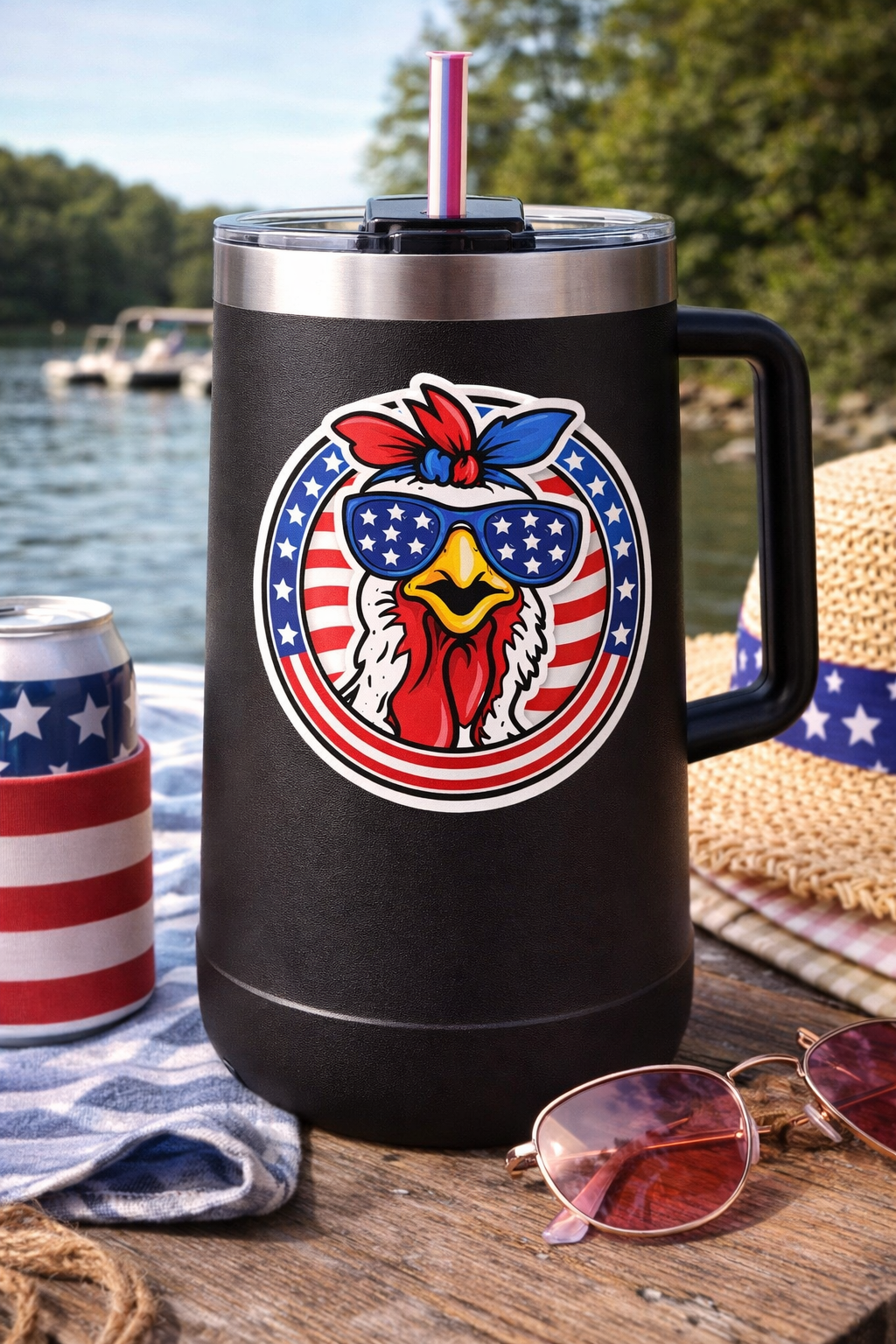 Patriotic Hen Sticker – Patriotic Farm Girl Decal Red White Blue (3”)
