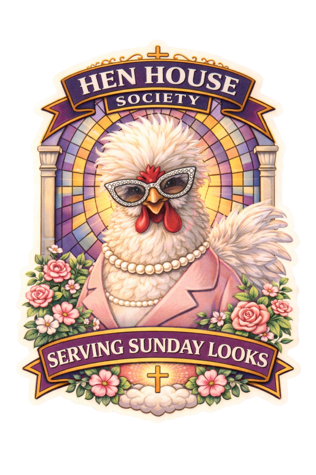 Serving Sunday Looks Chicken Sticker – Christian Farm Girl Decal Hen House Society Cute Faith Sticker (3”)