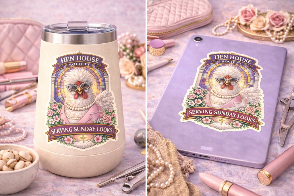 Serving Sunday Looks Chicken Sticker – Christian Farm Girl Decal Hen House Society Cute Faith Sticker (3”)
