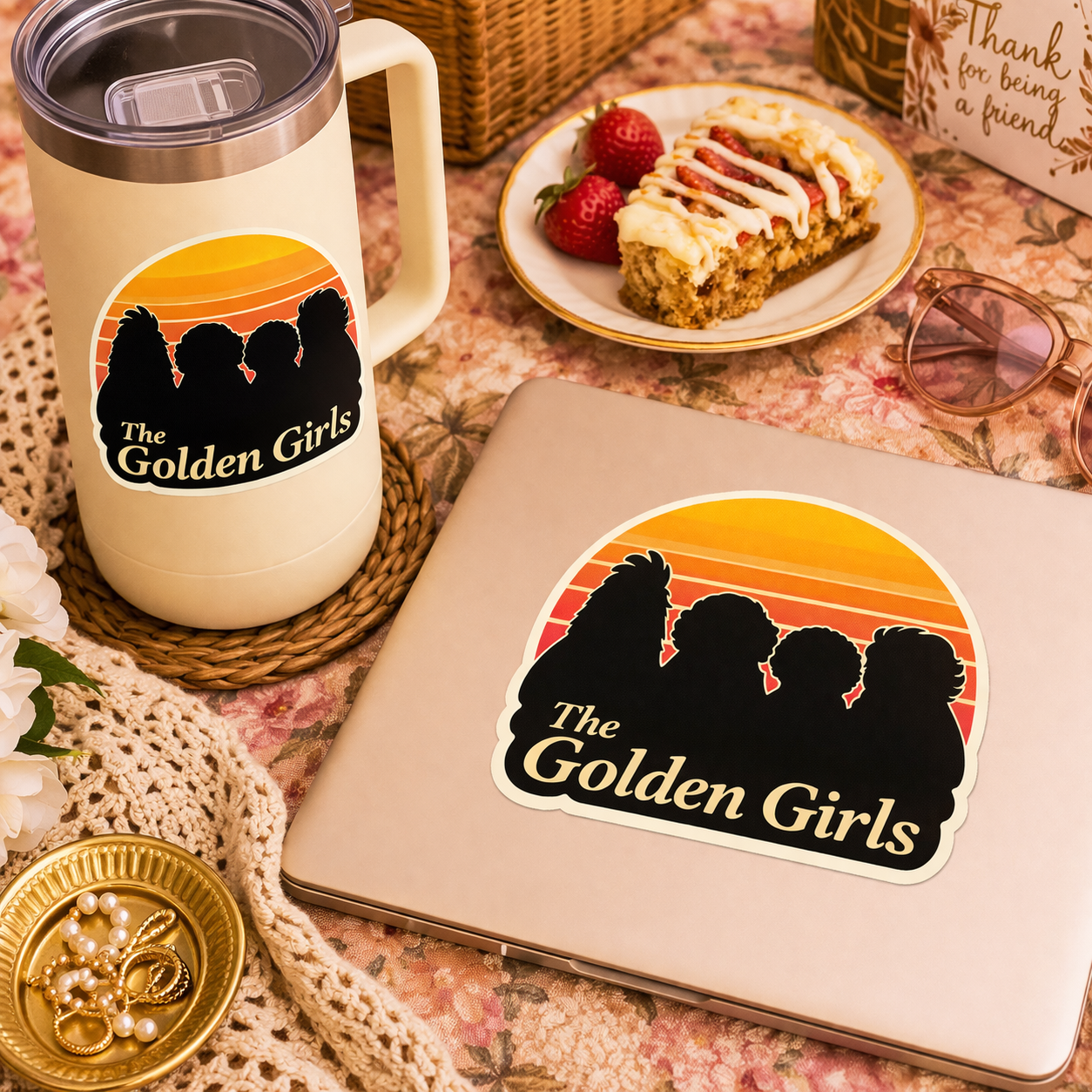 Golden Chicken Girls Sticker – Retro Sunset Chicken Squad Decal Funny Hen Sticker (3”)